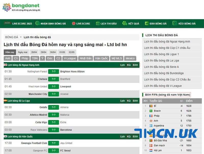 Website bongdanet.cc - Địa chỉ cập nhật lịch thi đấu bóng đá hôm nay nhanh chóng